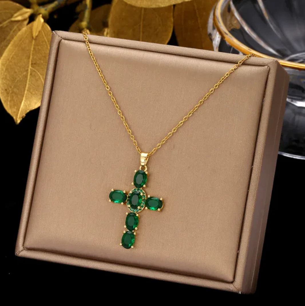 18K Gold Plated Necklace with Green Crystal Cross