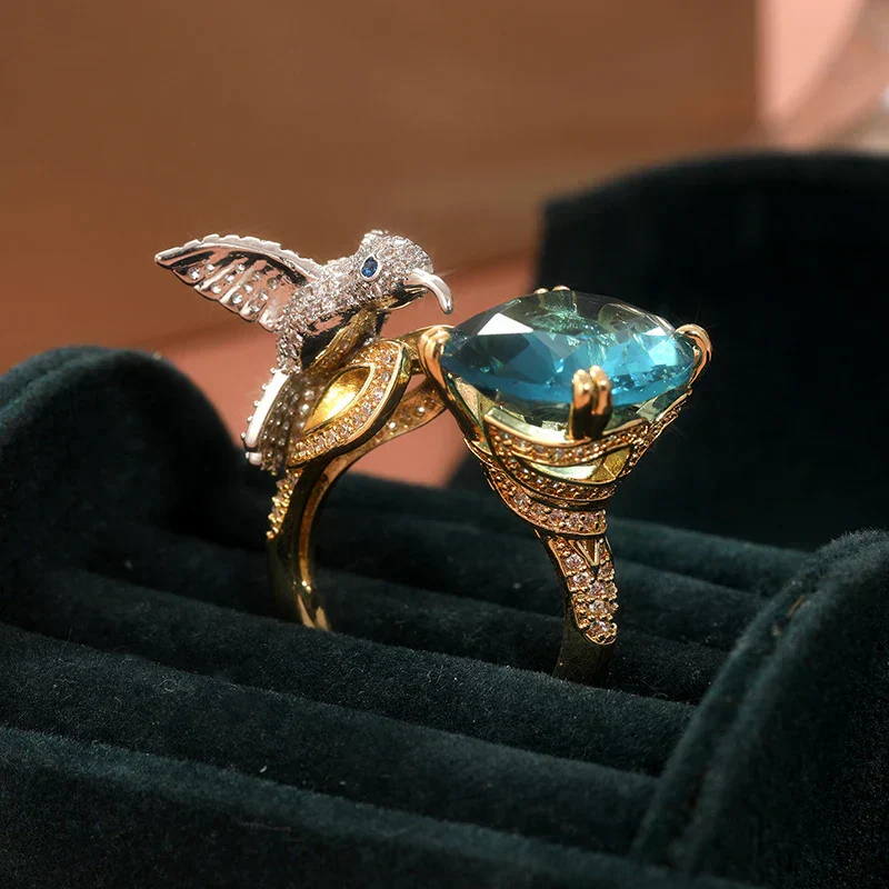Adjustable Aquamarine-Color Hummingbird Ring – 14K Gold Plated - Image 2