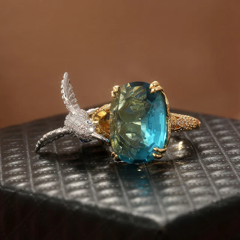 Adjustable Aquamarine-Color Hummingbird Ring – 14K Gold Plated - Image 3