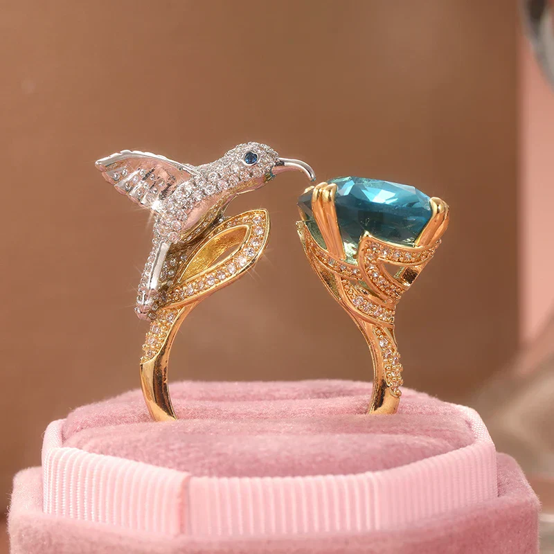 Adjustable Aquamarine-Color Hummingbird Ring – 14K Gold Plated - Image 4