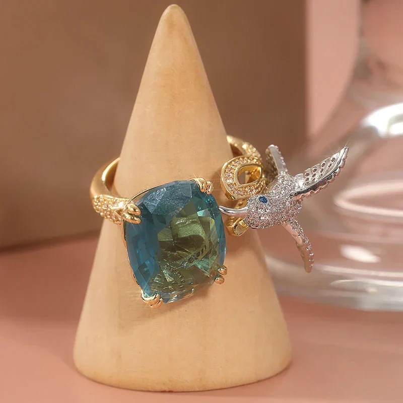 Adjustable Aquamarine-Color Hummingbird Ring – 14K Gold Plated - Image 5