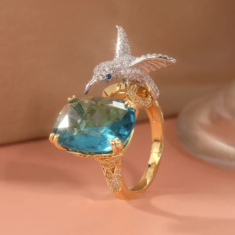 Adjustable Aquamarine-Color Hummingbird Ring – 14K Gold Plated - Image 6