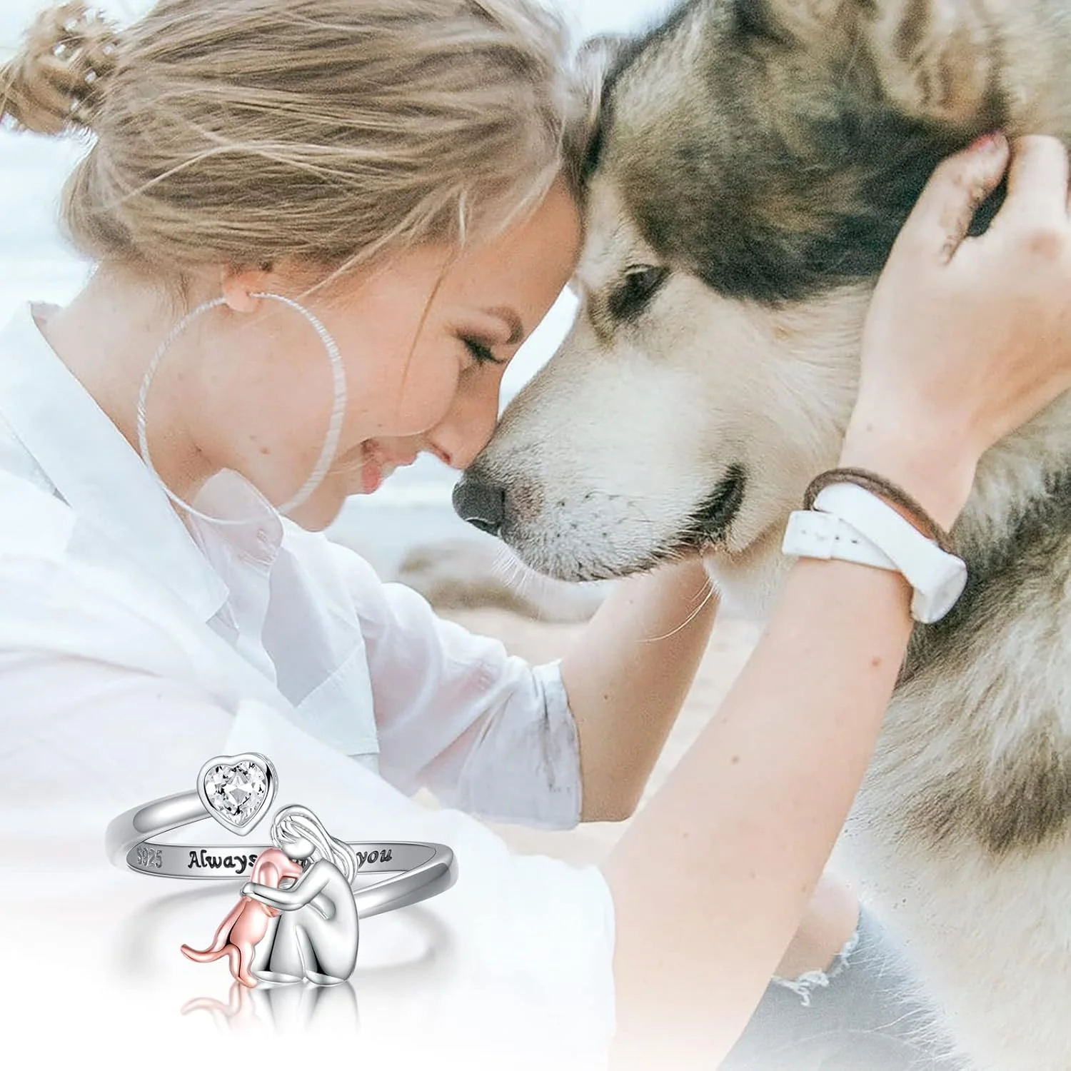 Adjustable Dog Ring in 925 Sterling Silver – “Always in My Heart” with Zirconia - Image 2
