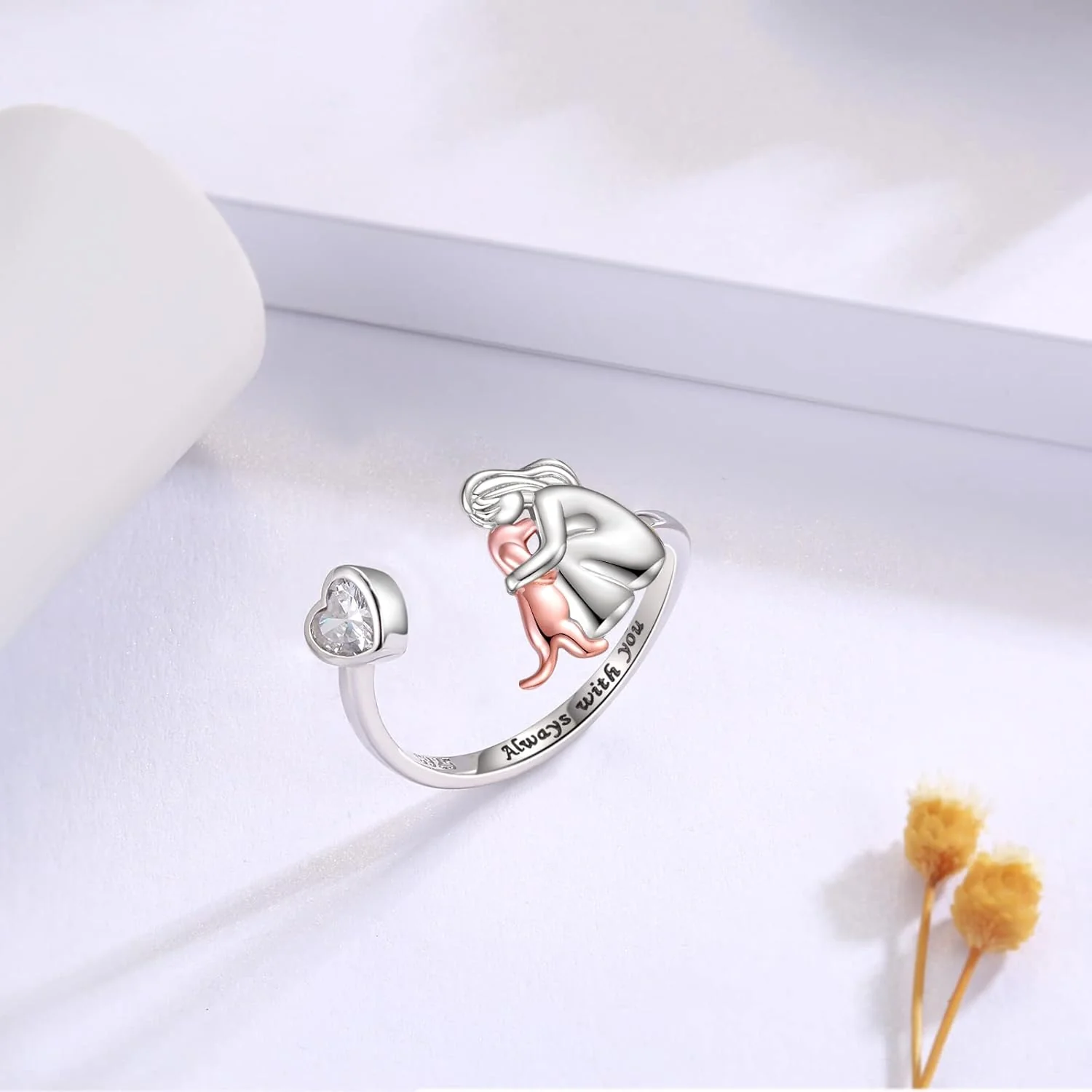 Adjustable Dog Ring in 925 Sterling Silver – “Always in My Heart” with Zirconia - Image 4