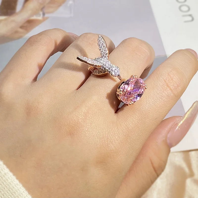 Adjustable Hummingbird Gemstone Ring – Zircon, 14K Gold Plated - Image 4