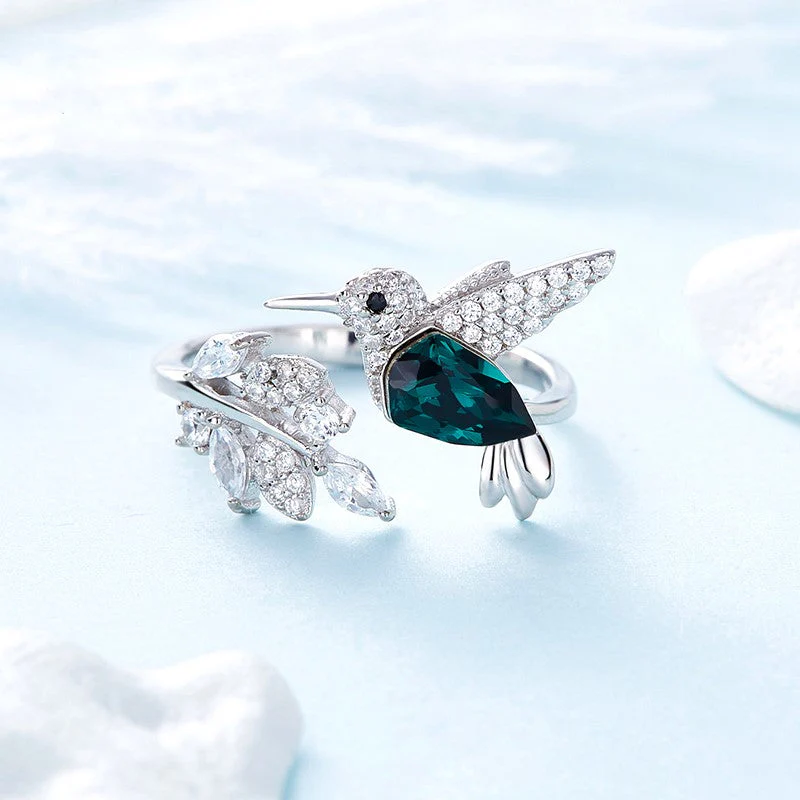 Adjustable Hummingbird Sparkle Ring with Rhinestone Diamond - Image 2