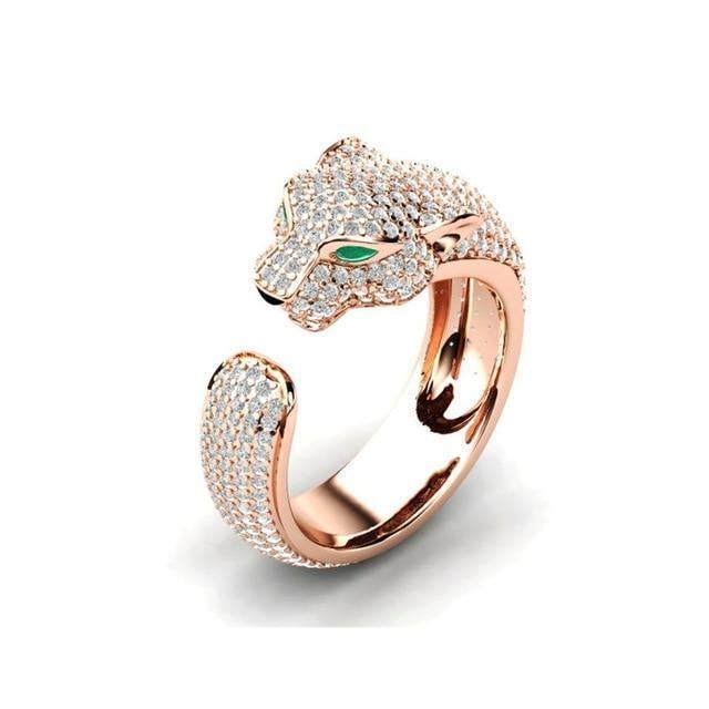 Adjustable Jaguar Ring in Silver and 18K Rose Gold with Green Zirconia Eyes - Image 2