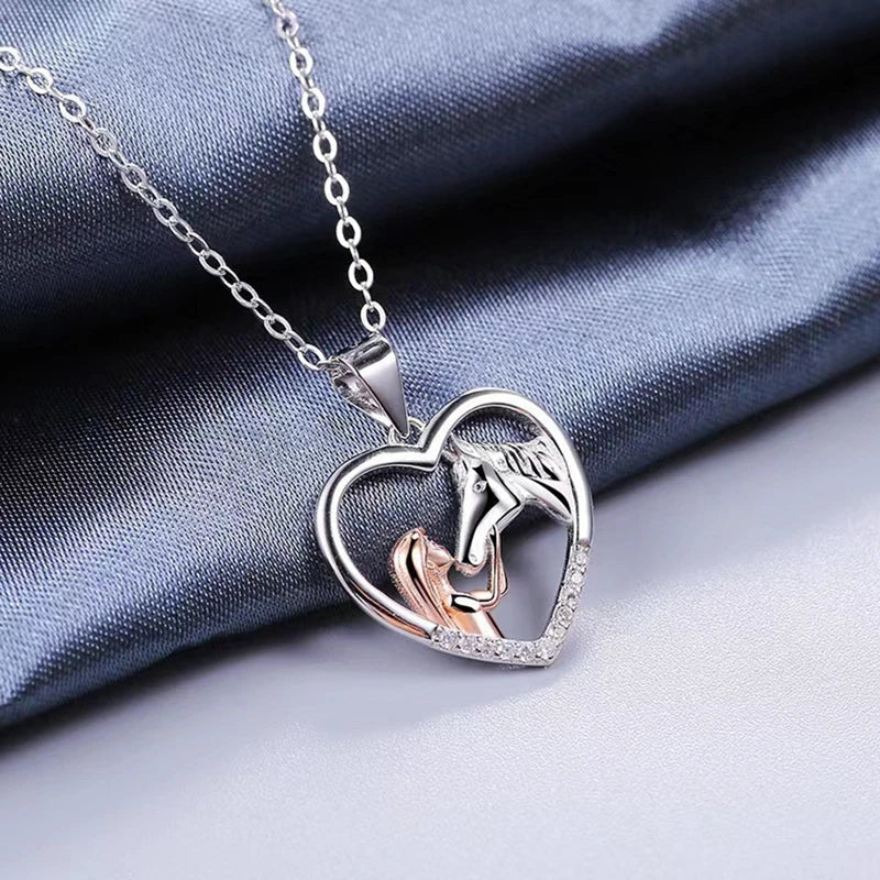 Beautiful Heart Zircon Girl and Horse Necklace - Image 2
