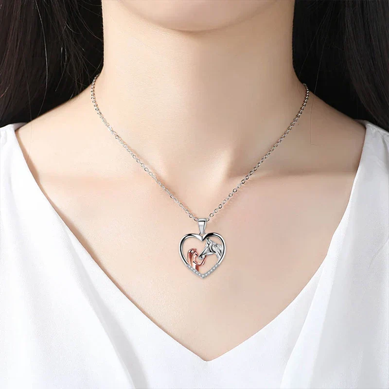 Beautiful Heart Zircon Girl and Horse Necklace - Image 3