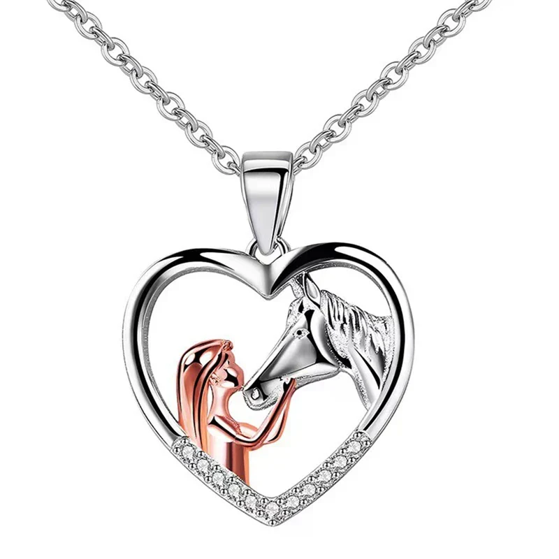 Beautiful Heart Zircon Girl and Horse Necklace - Image 5