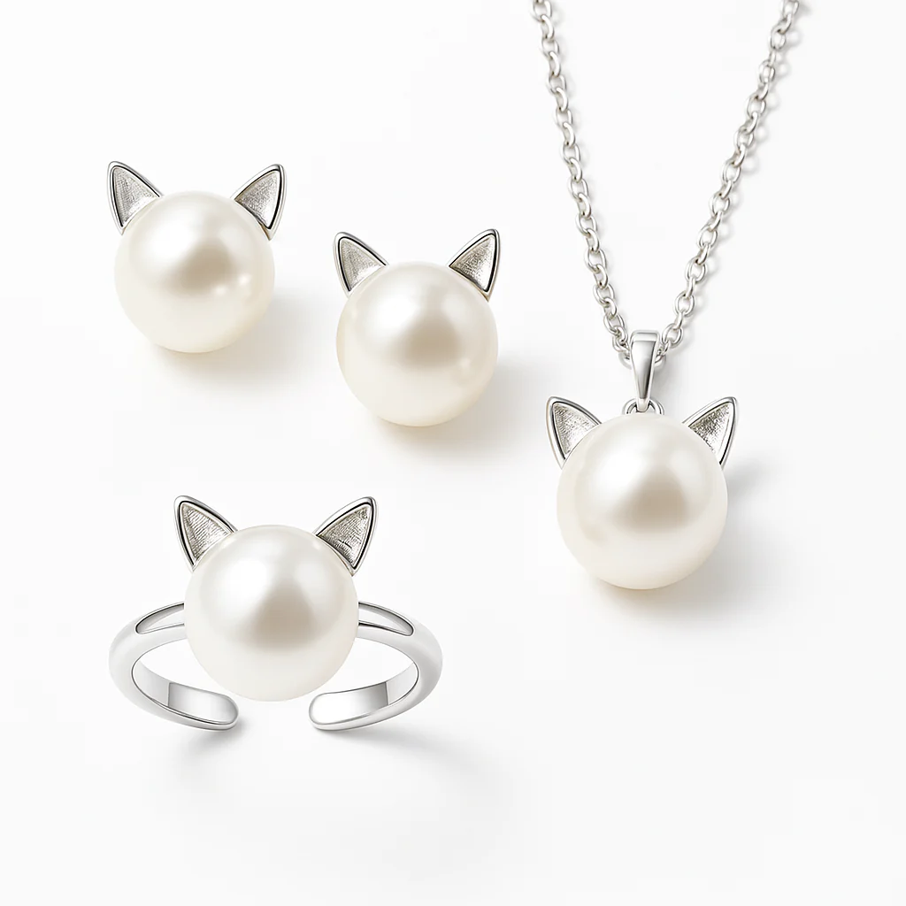 Beautiful Pearl Cat Necklace with Bonus Earrings + Ring - Image 2
