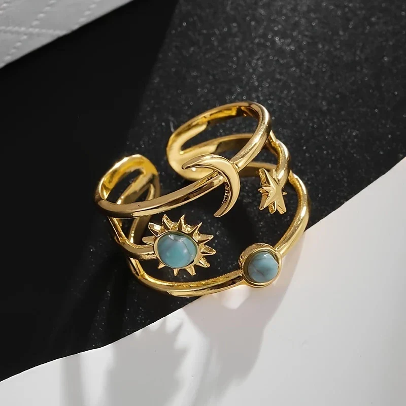 Bohemian Adjustable Sun Moon Gold Ring - Image 3