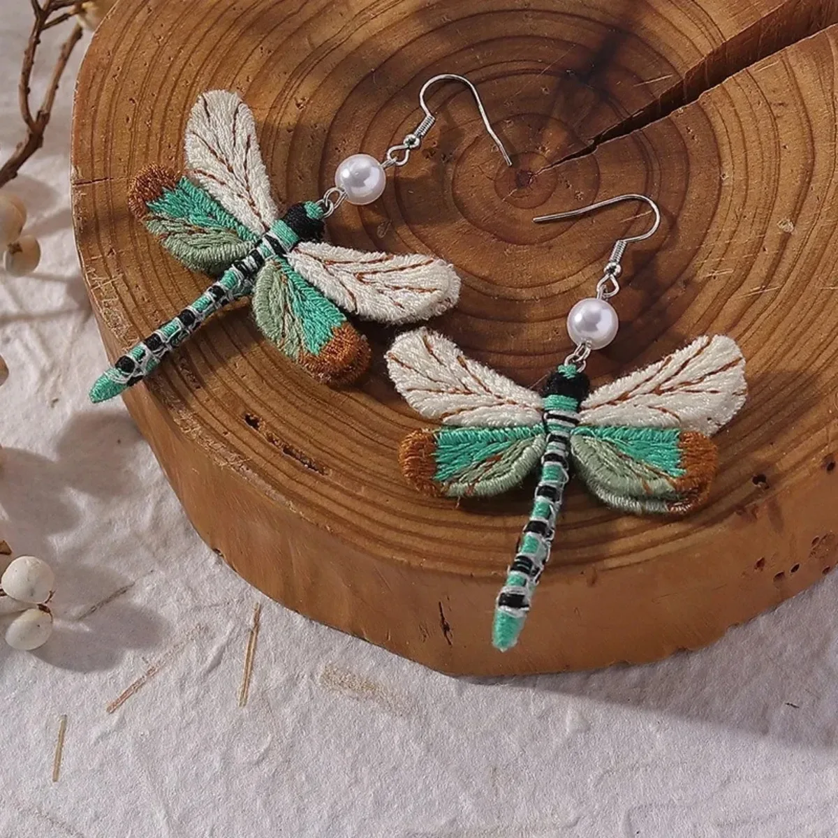 Bohemian Embroidered Dragonfly Earrings - Image 2