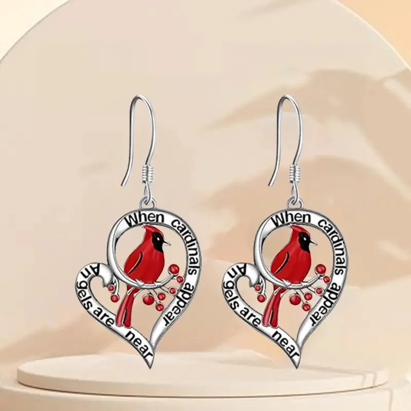 Cardinal Memorial Earrings – “When Cardinals Appear, Angels Are Near” Heart Drop Design - Image 2
