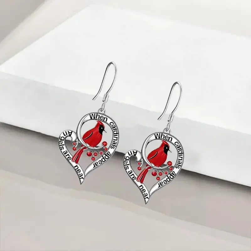 Cardinal Memorial Earrings – “When Cardinals Appear, Angels Are Near” Heart Drop Design - Image 4