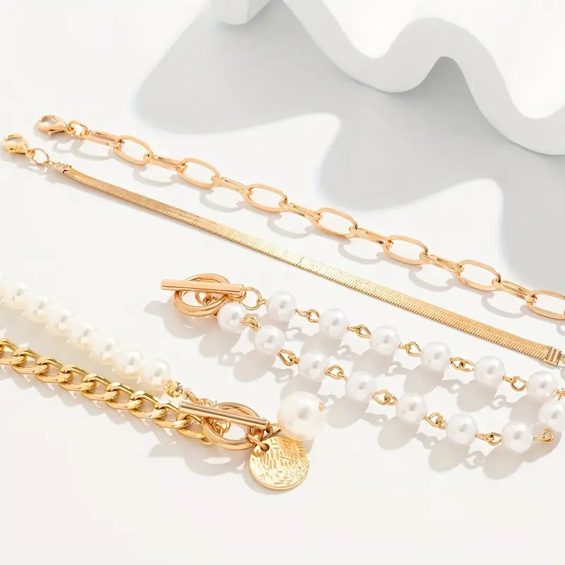 Chic Gold 4-Piece Bracelet Set – Snake, Pearls & Links | Gold - Image 2