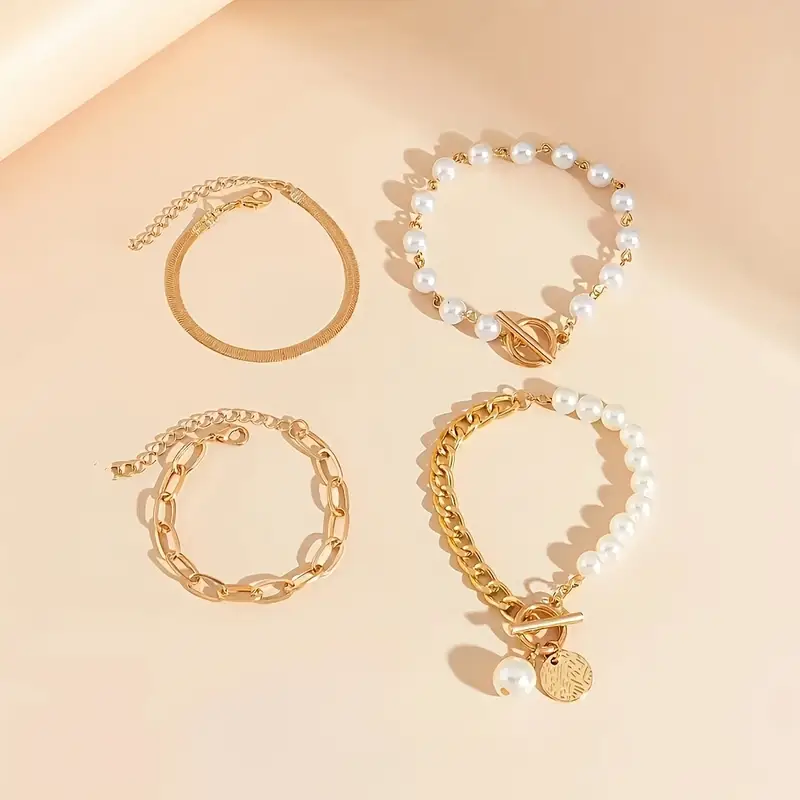 Chic Gold 4-Piece Bracelet Set – Snake, Pearls & Links | Gold - Image 4