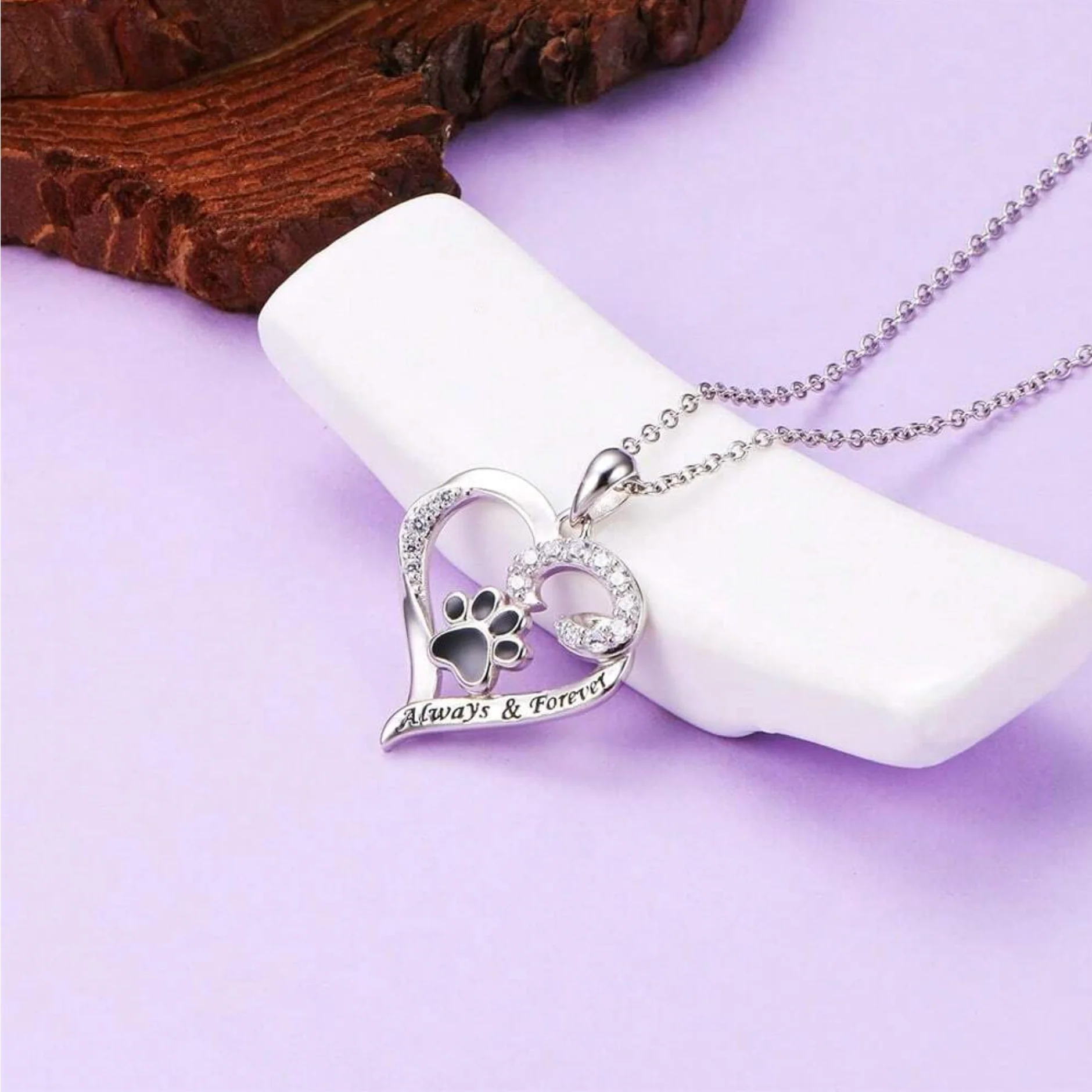 Dog Paw Necklace – Heart Design in Stainless Steel with Zirconia - Image 3