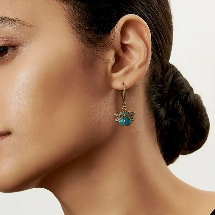 Dragonfly Crystal Earrings in Antique Gold - Image 2