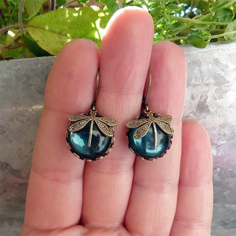 Dragonfly Crystal Earrings in Antique Gold - Image 3
