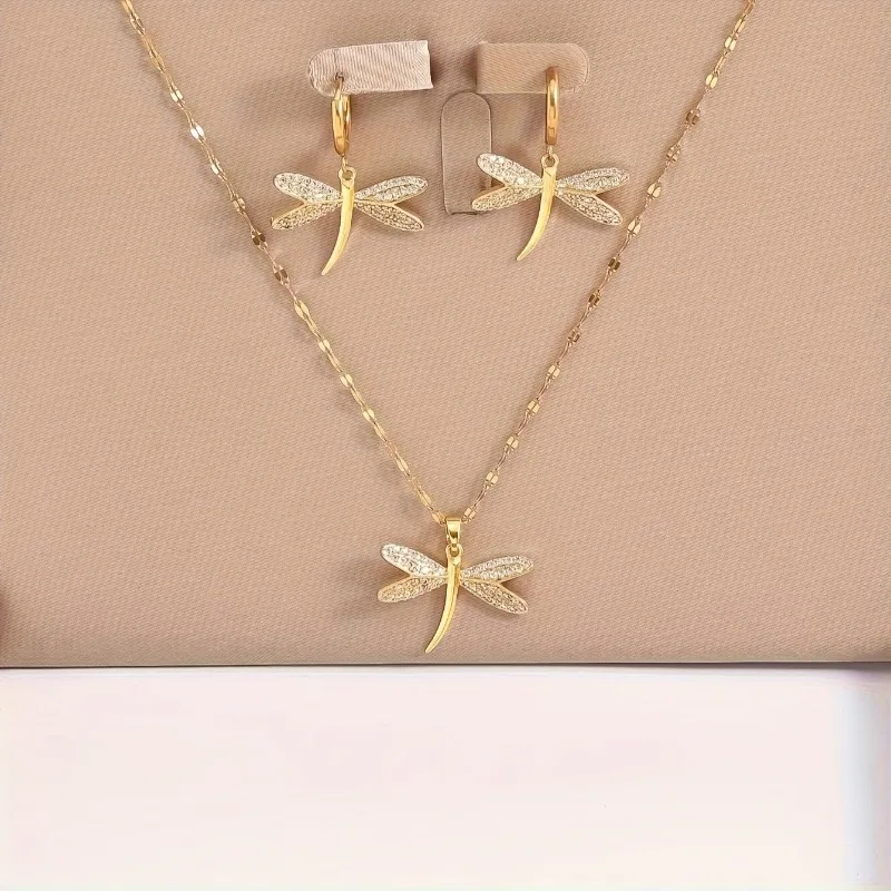 Gold Dragonfly Jewelry Necklace with Bonus Earrings - Image 2