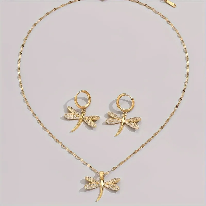 Gold Dragonfly Jewelry Necklace with Bonus Earrings - Image 3