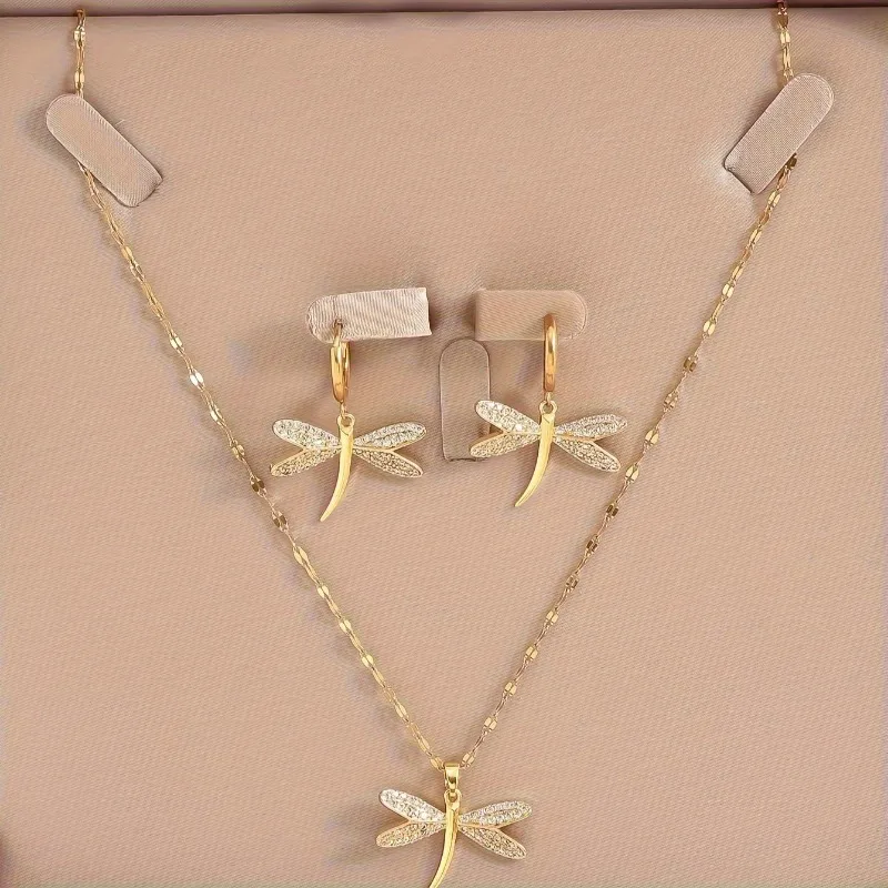Gold Dragonfly Jewelry Necklace with Bonus Earrings - Image 4