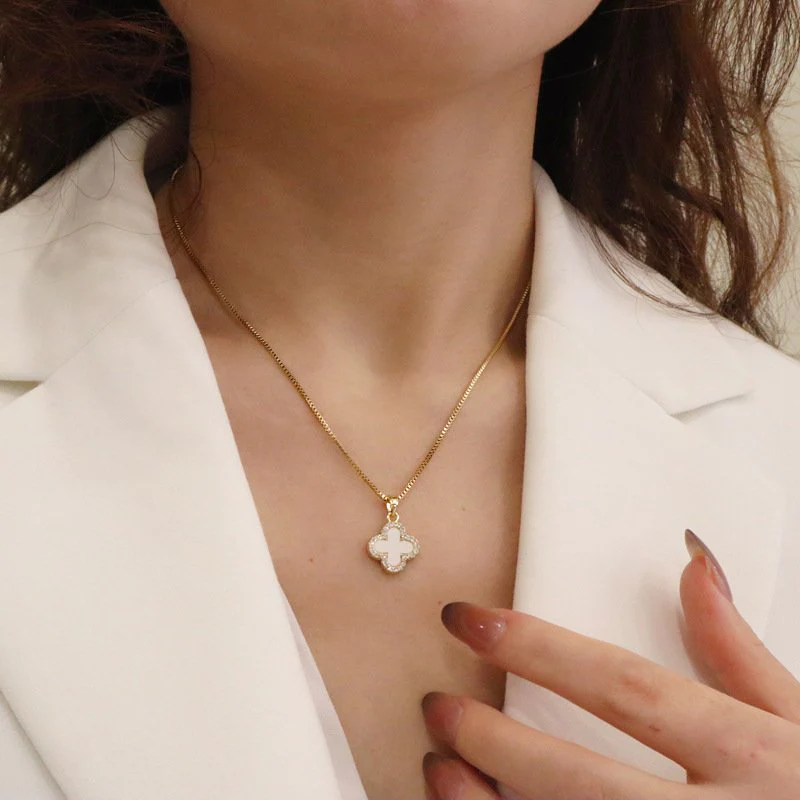 Gold Plated Inlaid Four-Leaf Clover Necklace - Image 4