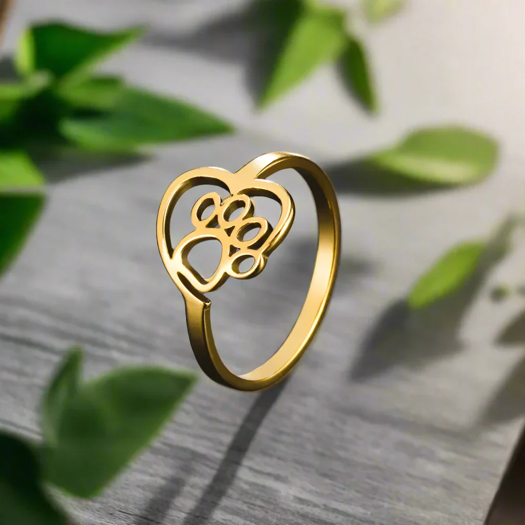 Gold-Tone Paw & Heart Ring – Stainless Steel Jewelry for Pet Lovers - Image 2