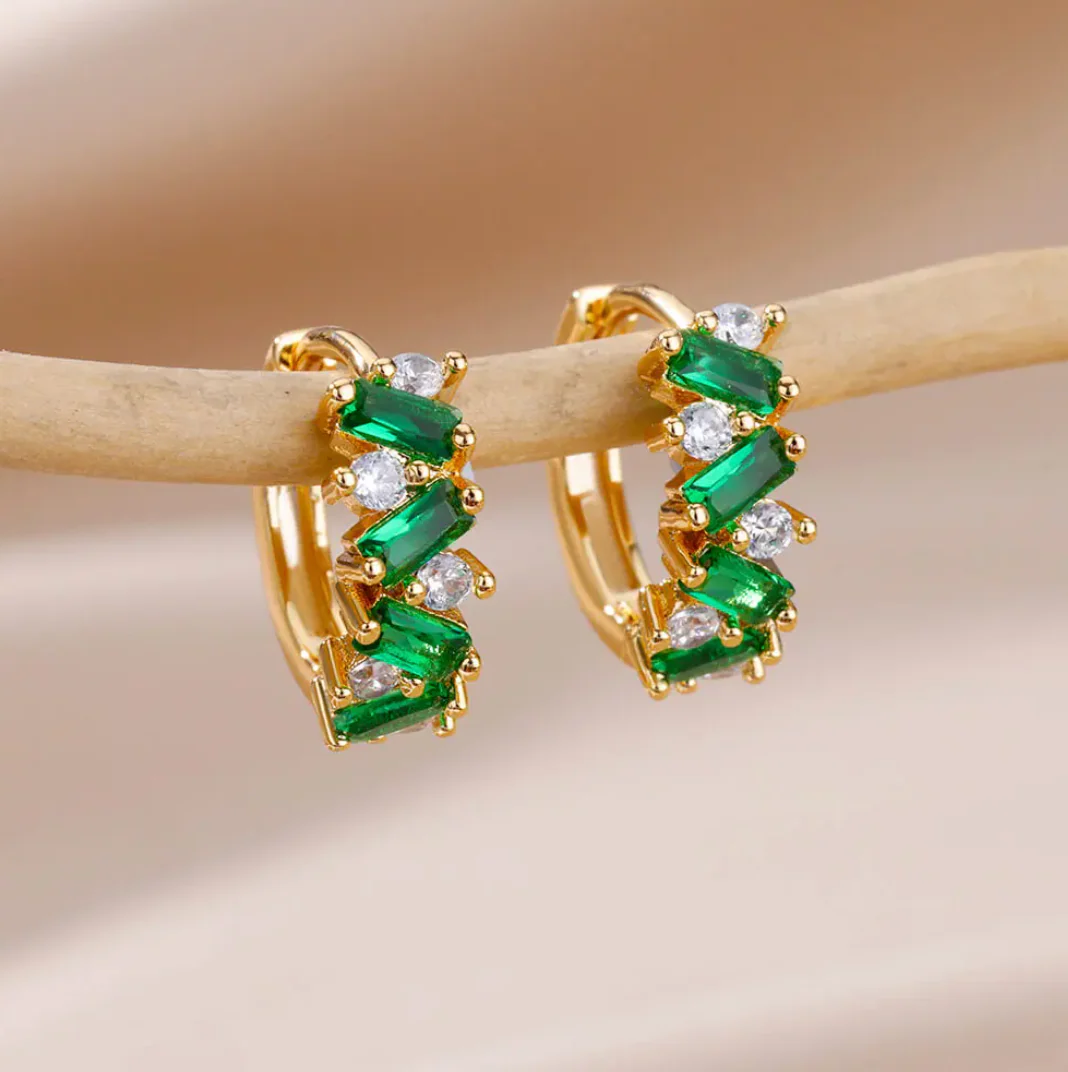 Green 18K Gold Hoops with Space Crystals