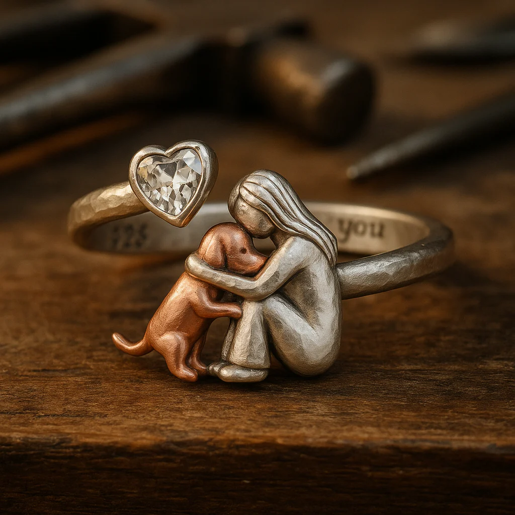 Handcrafted 925 Sterling Silver Dog Ring with Heart-Shaped Zirconia – Adjustable Fit