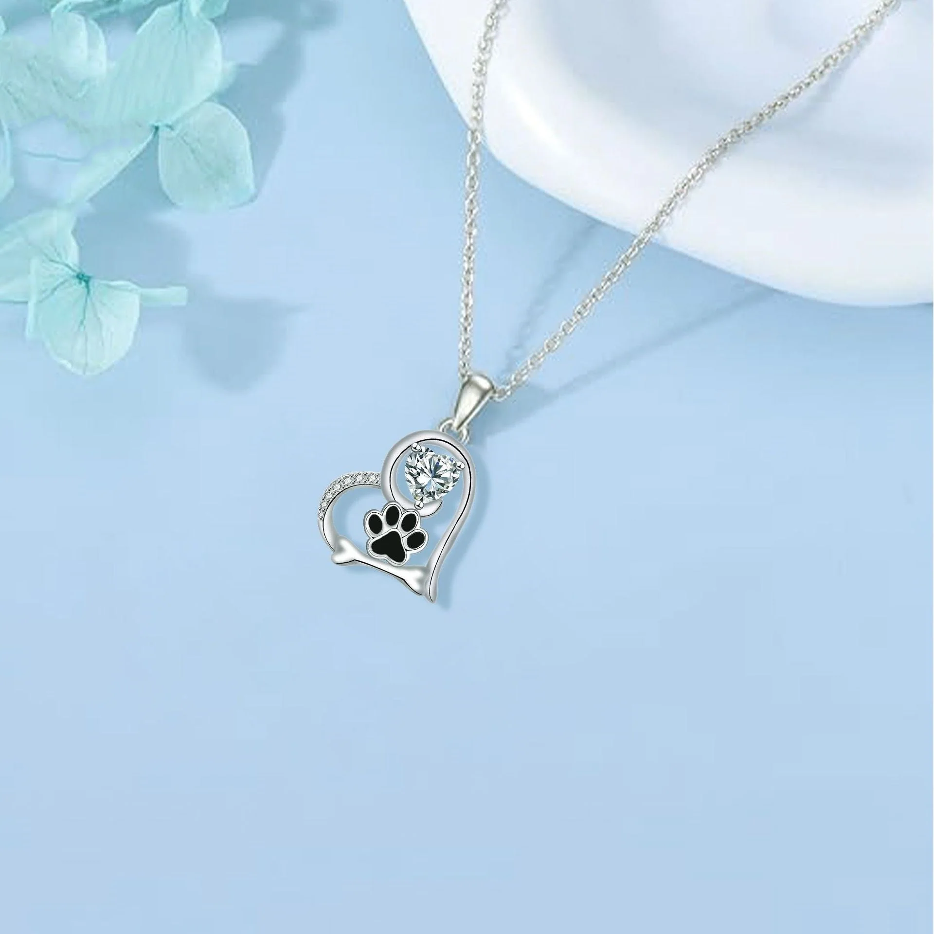 Handcrafted Dog Paw Print and Bone Necklace with Zirconia - Image 2
