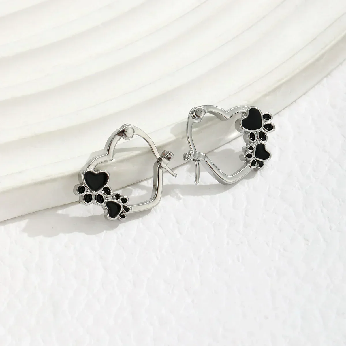 Heart Paw Huggie Earrings with Black Enamel - Image 2
