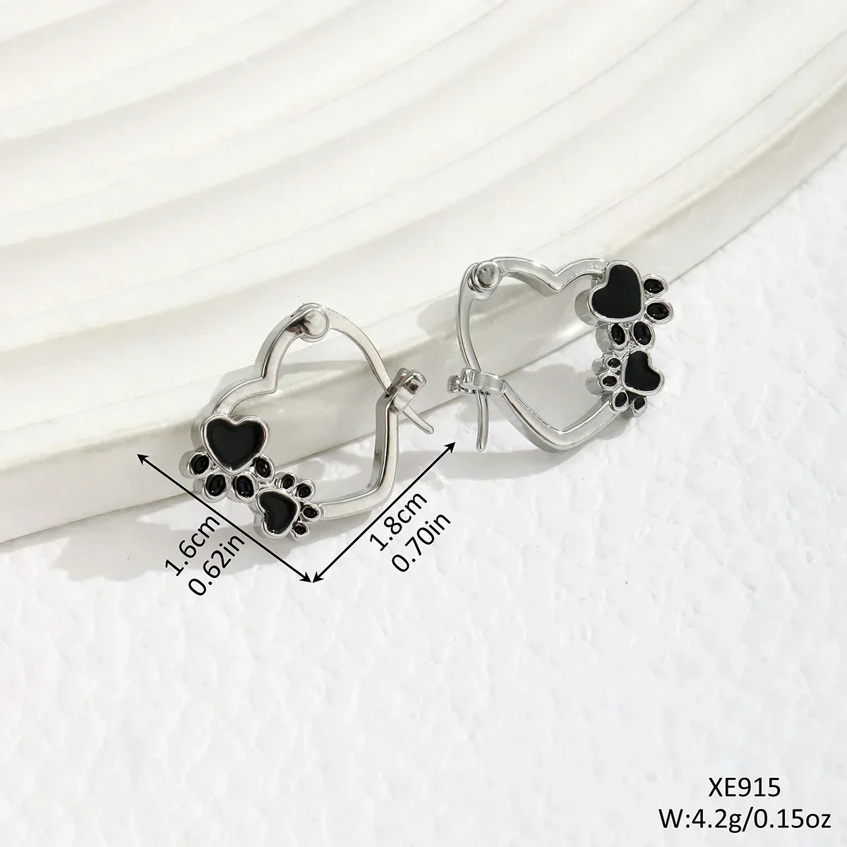 Heart Paw Huggie Earrings with Black Enamel - Image 3