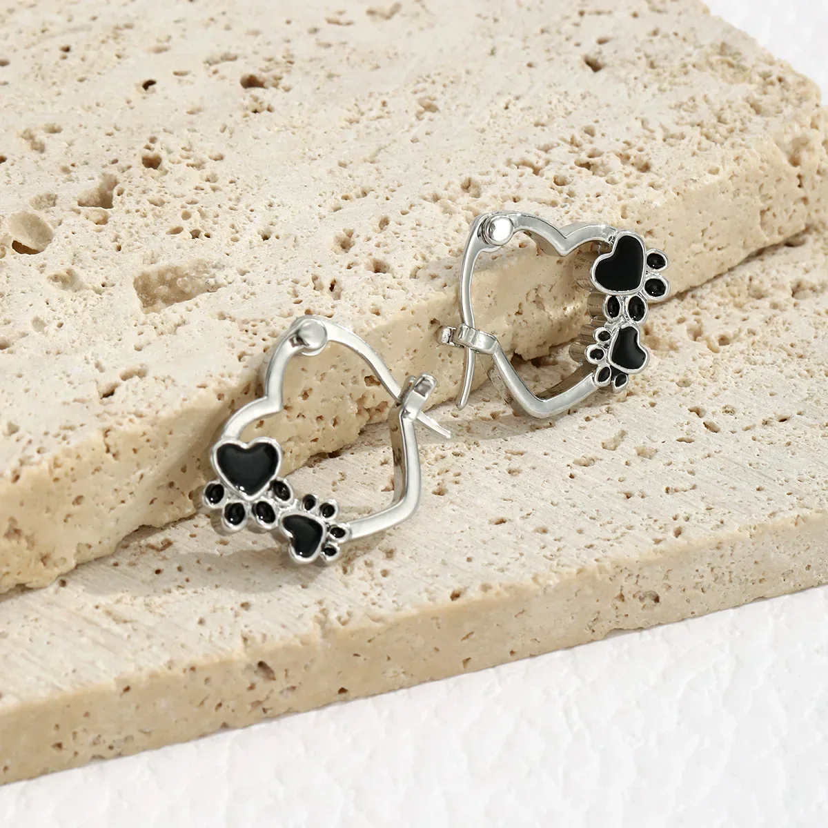 Heart Paw Huggie Earrings with Black Enamel - Image 4