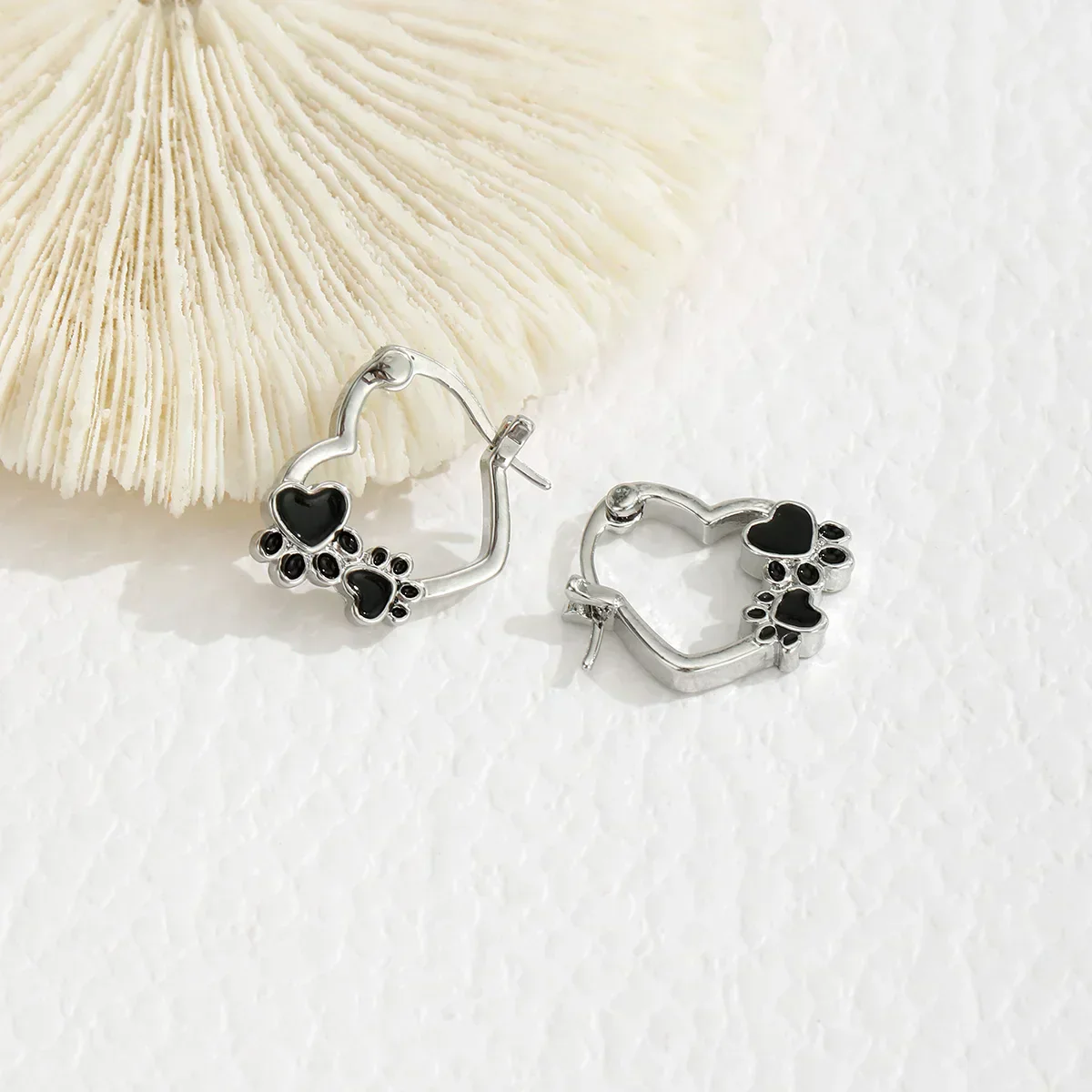 Heart Paw Huggie Earrings with Black Enamel - Image 5