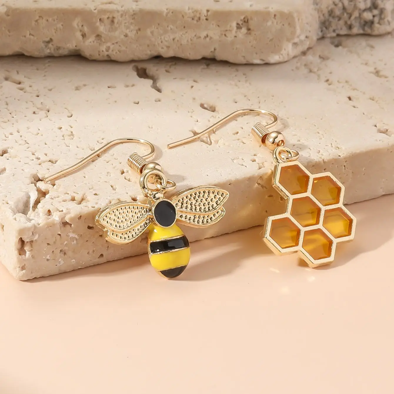 Honeycomb & Bee Drop Earrings – Gold Tone Jewelry for Women - Image 2