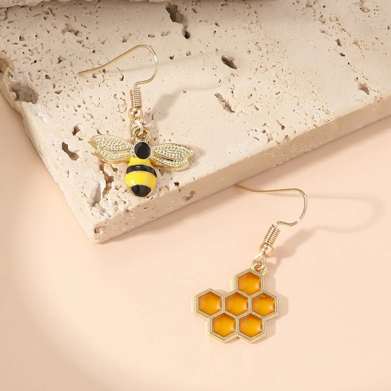 Honeycomb & Bee Drop Earrings – Gold Tone Jewelry for Women - Image 4