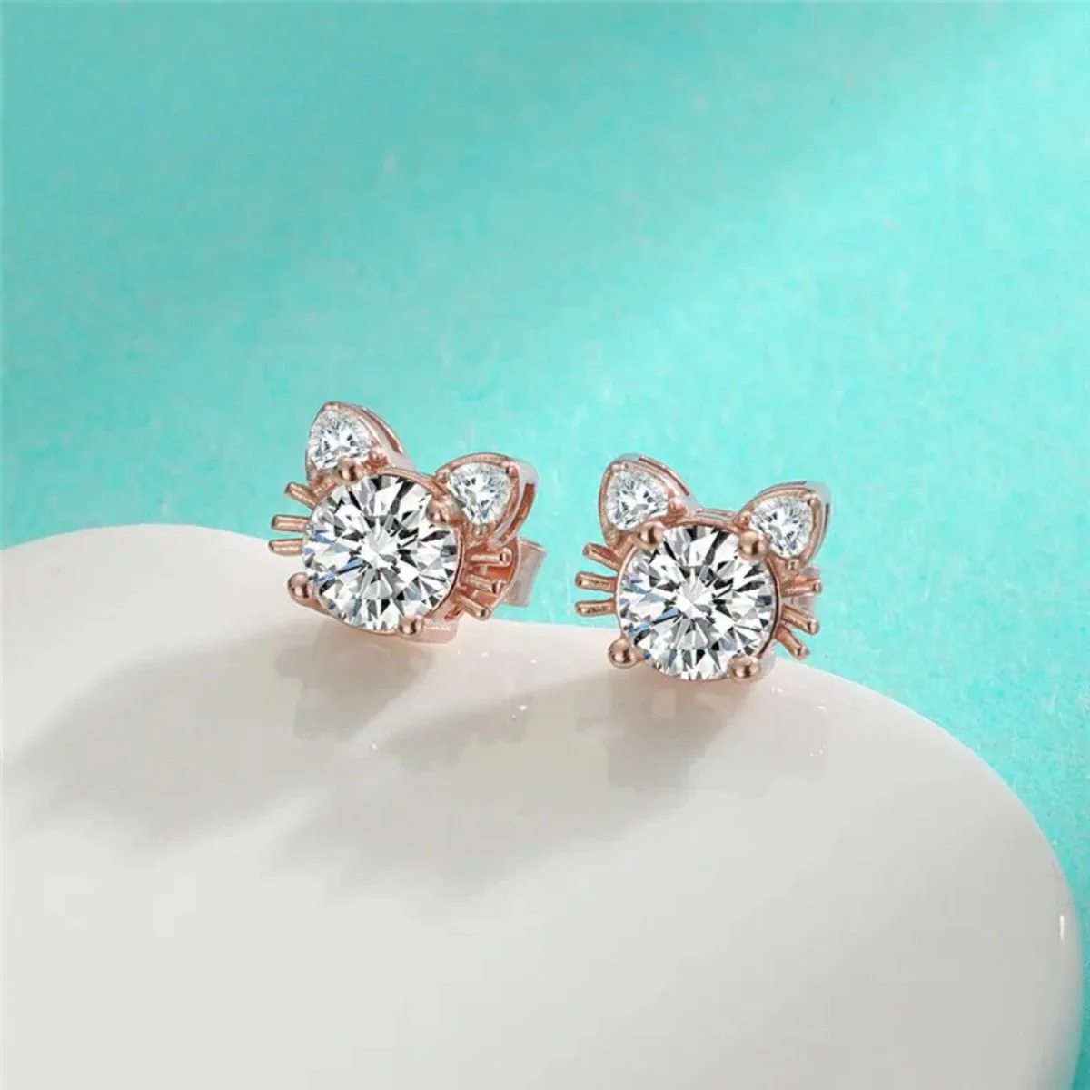 Moissanite Rose Gold Cat Stud Earrings in 925 Sterling Silver - Image 2