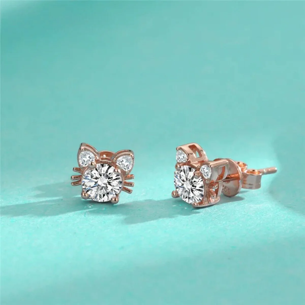 Moissanite Rose Gold Cat Stud Earrings in 925 Sterling Silver - Image 3