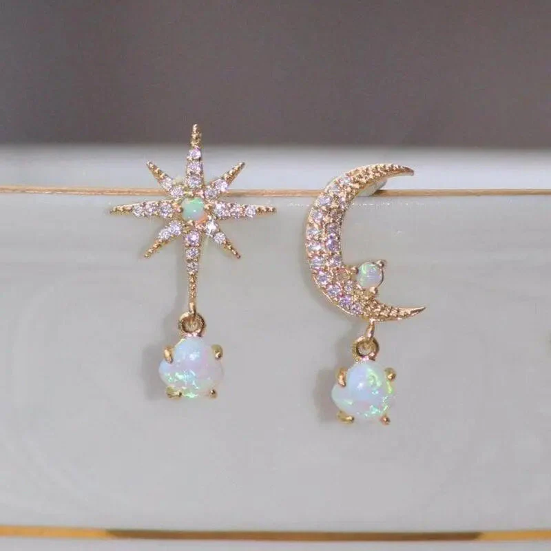 Moon and Star Gold and Opal Earrings - Image 5