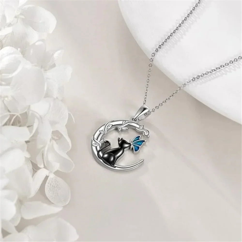 Moon Cat Butterfly Crystal Pendant Necklace - Image 2
