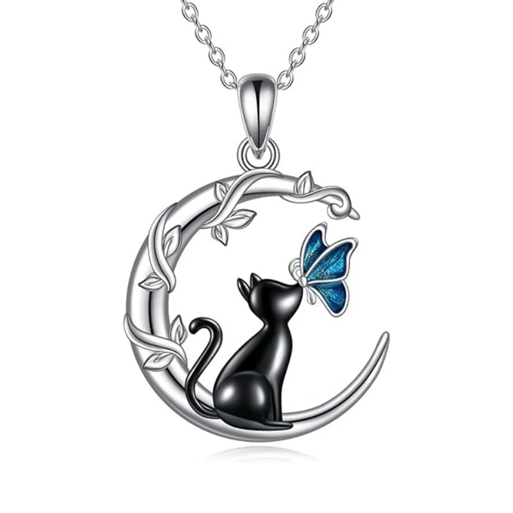 Moon Cat Butterfly Crystal Pendant Necklace - Image 3