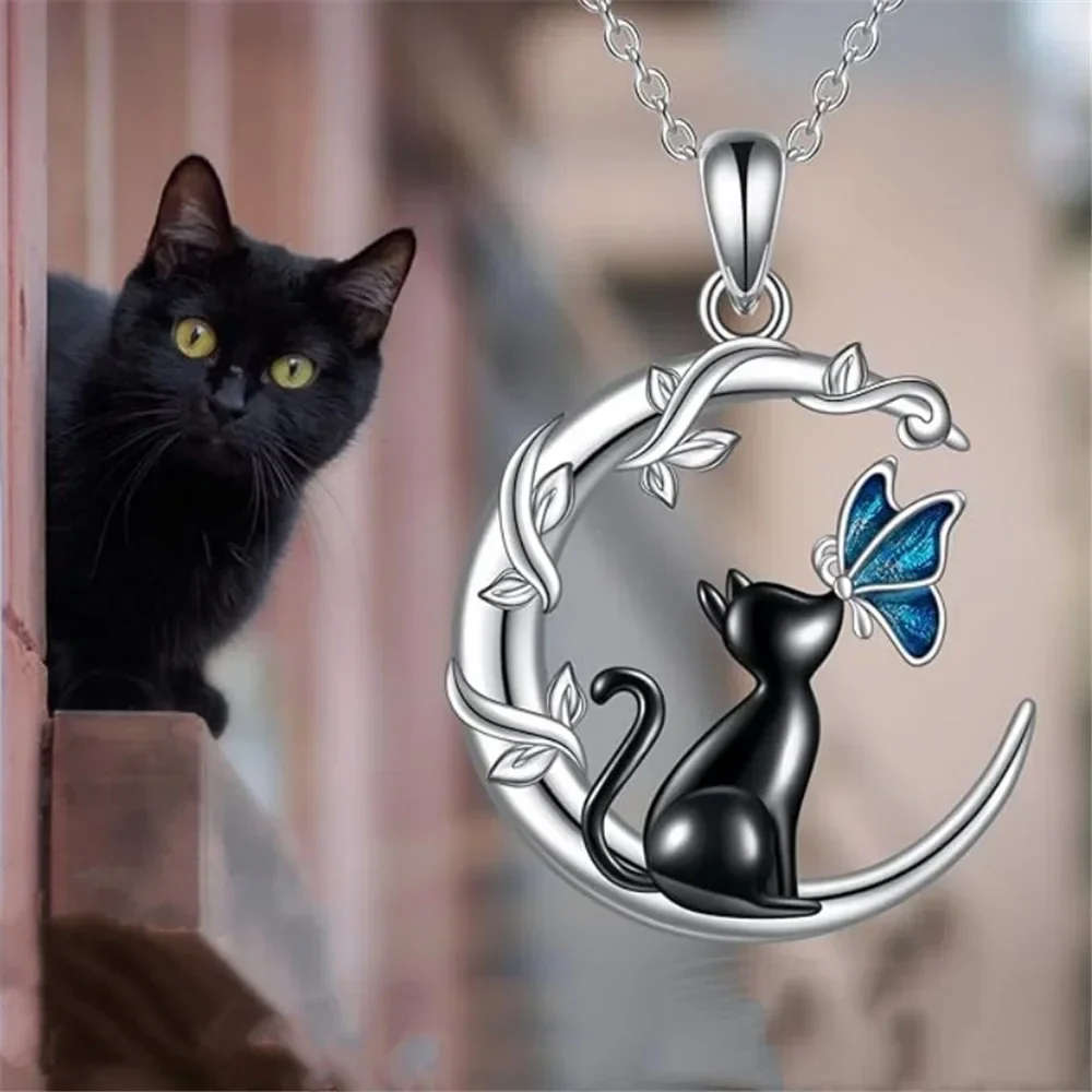 Moon Cat Butterfly Crystal Pendant Necklace - Image 4