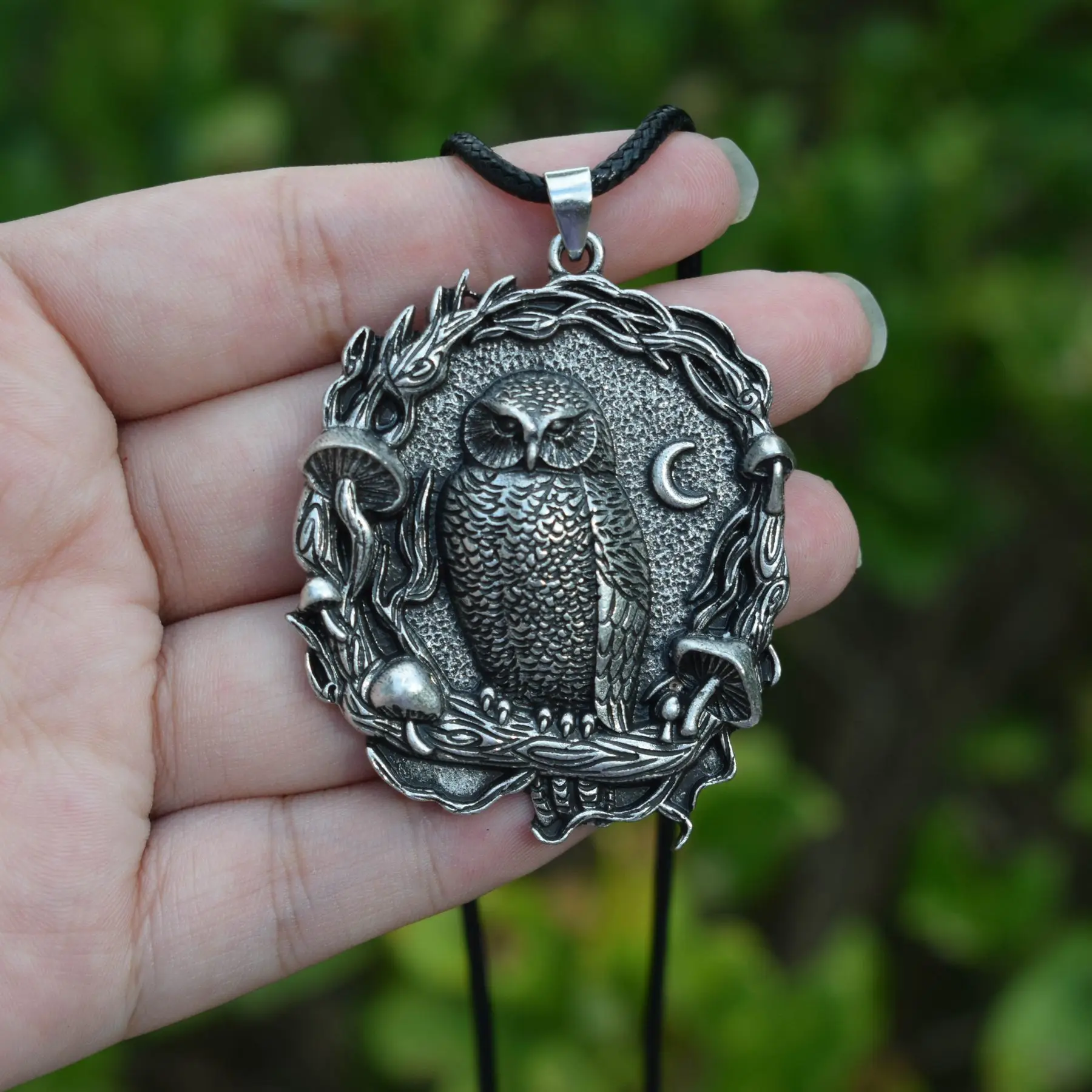 Mystical Owl Moon Mushroom Pendant Necklace - Image 2