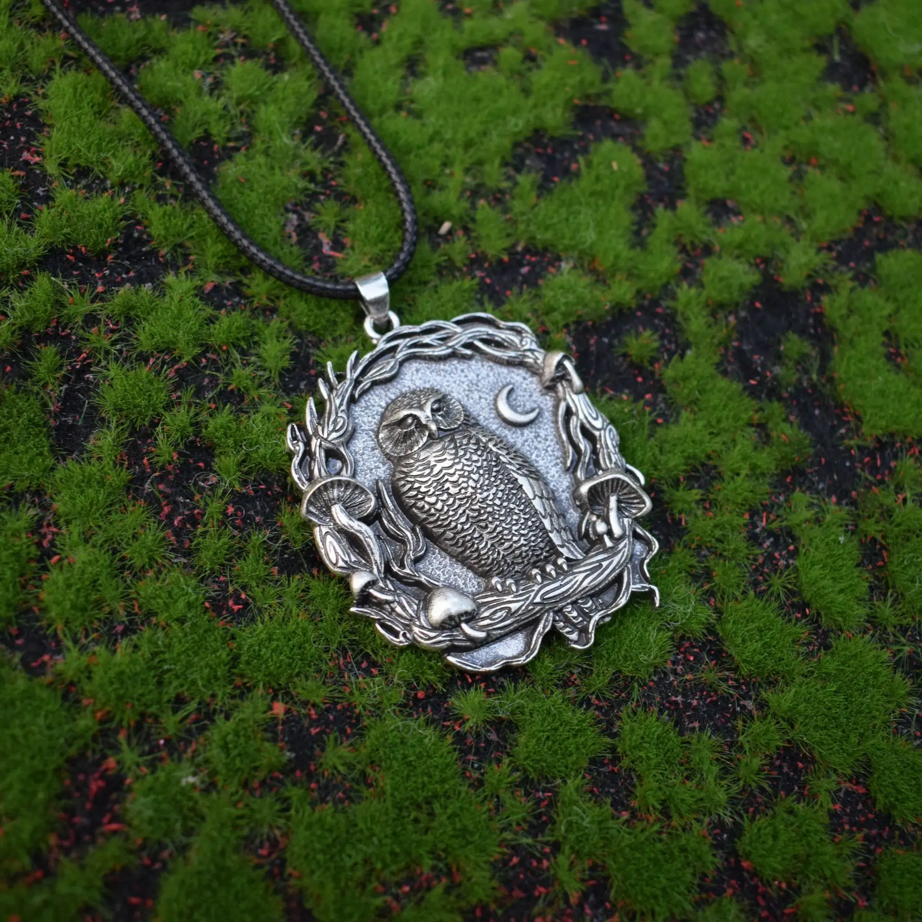 Mystical Owl Moon Mushroom Pendant Necklace - Image 3