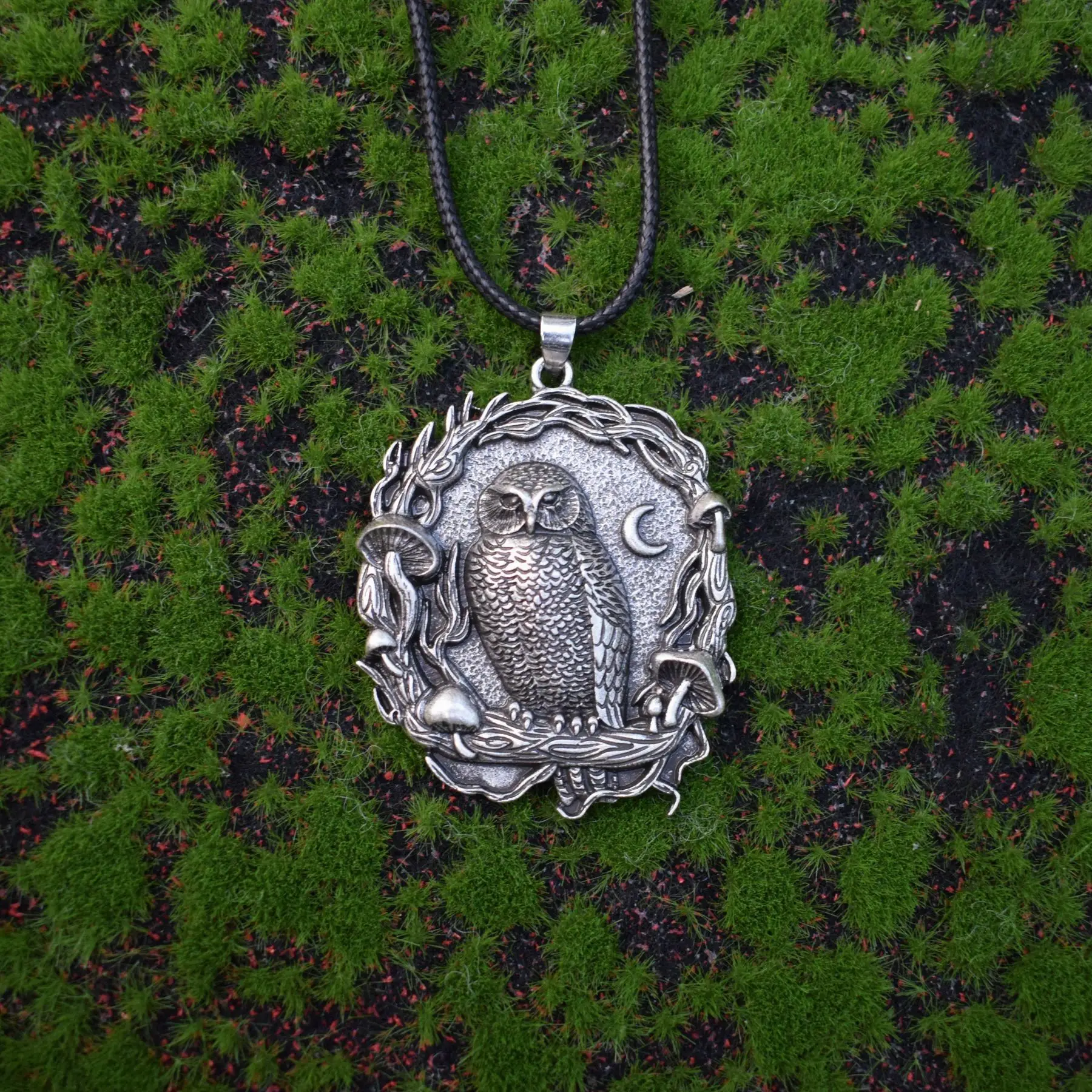 Mystical Owl Moon Mushroom Pendant Necklace - Image 4