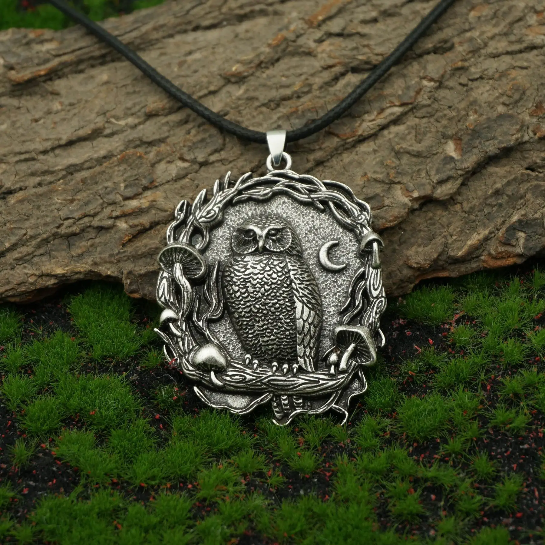 Mystical Owl Moon Mushroom Pendant Necklace - Image 5