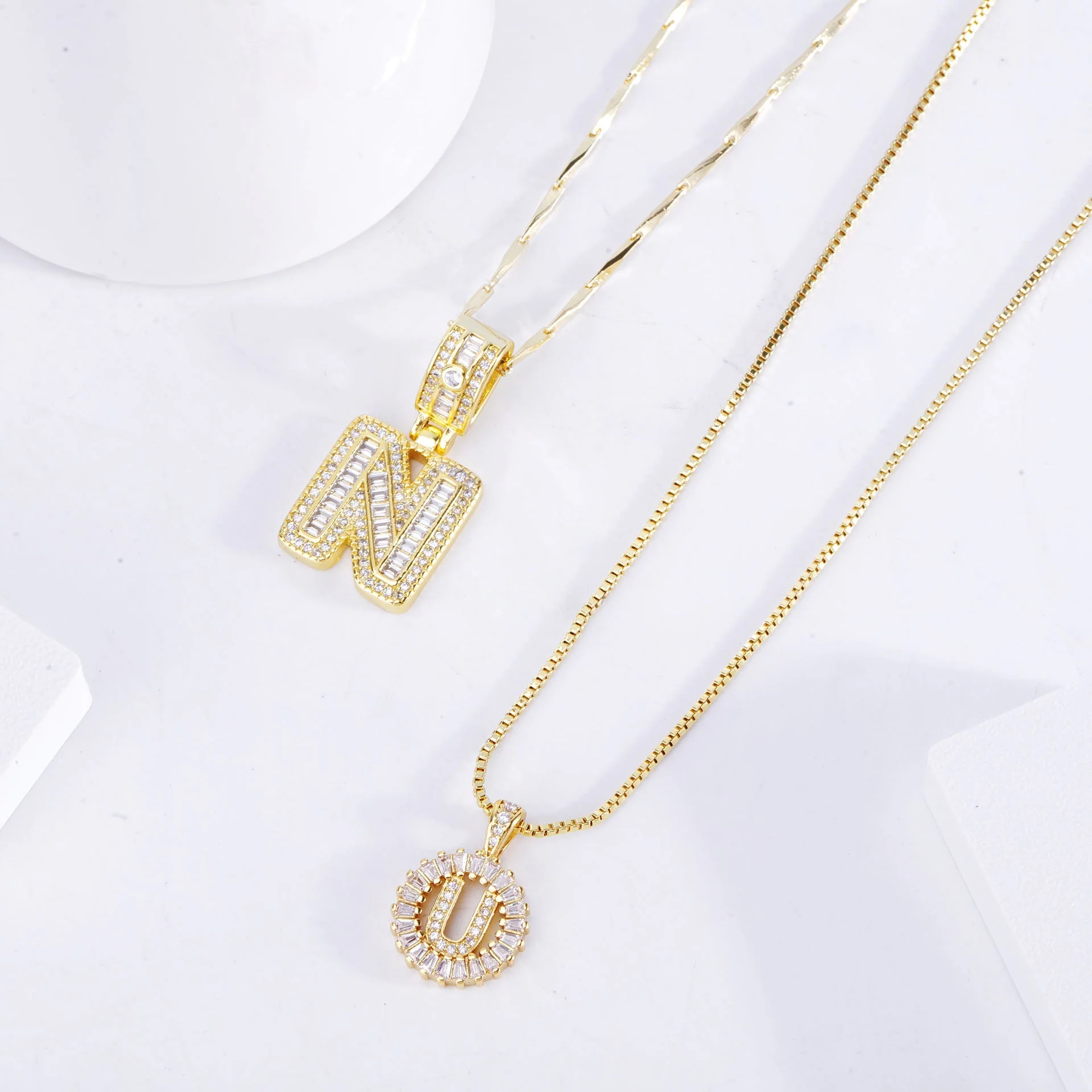 Pave letter initial necklace set | White Gold - Image 2