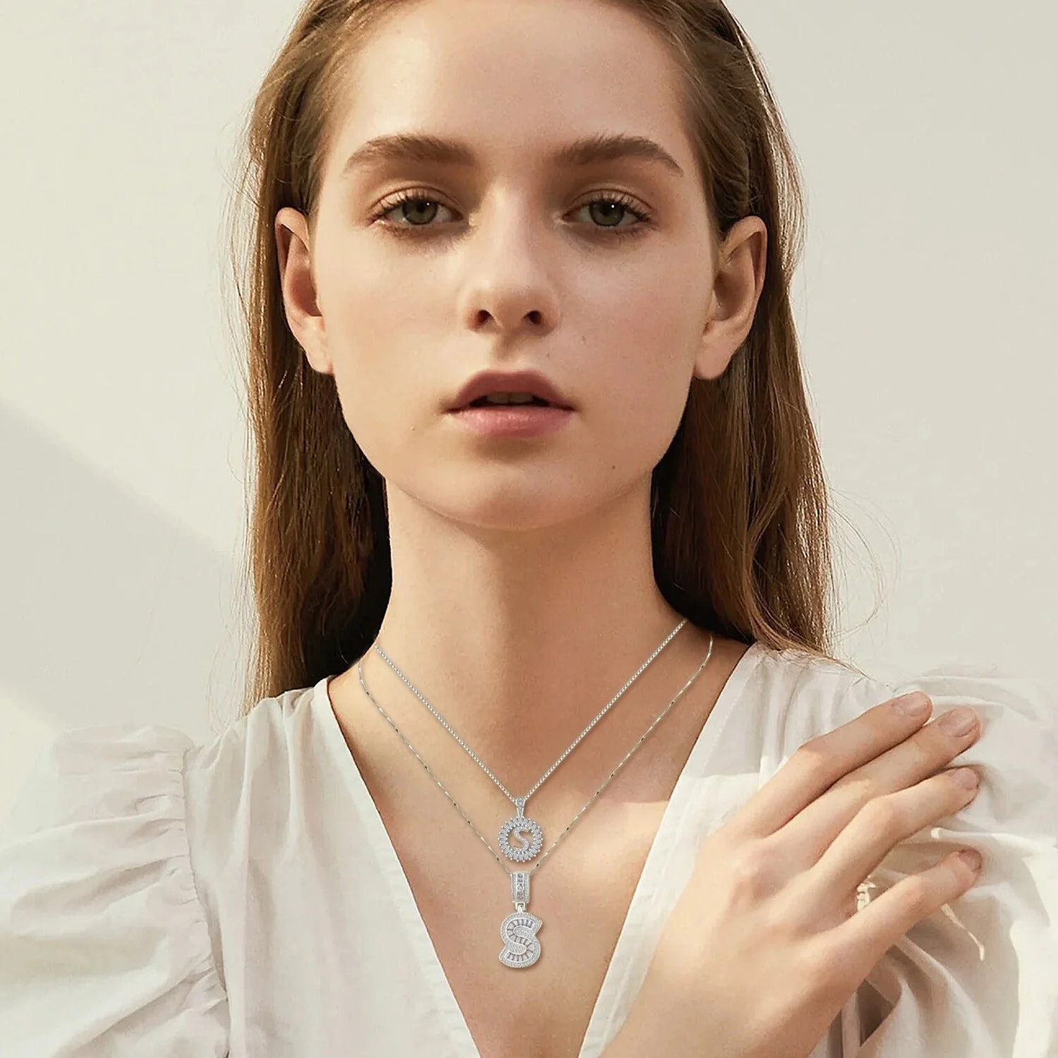 Pave letter initial necklace set | White Gold - Image 4